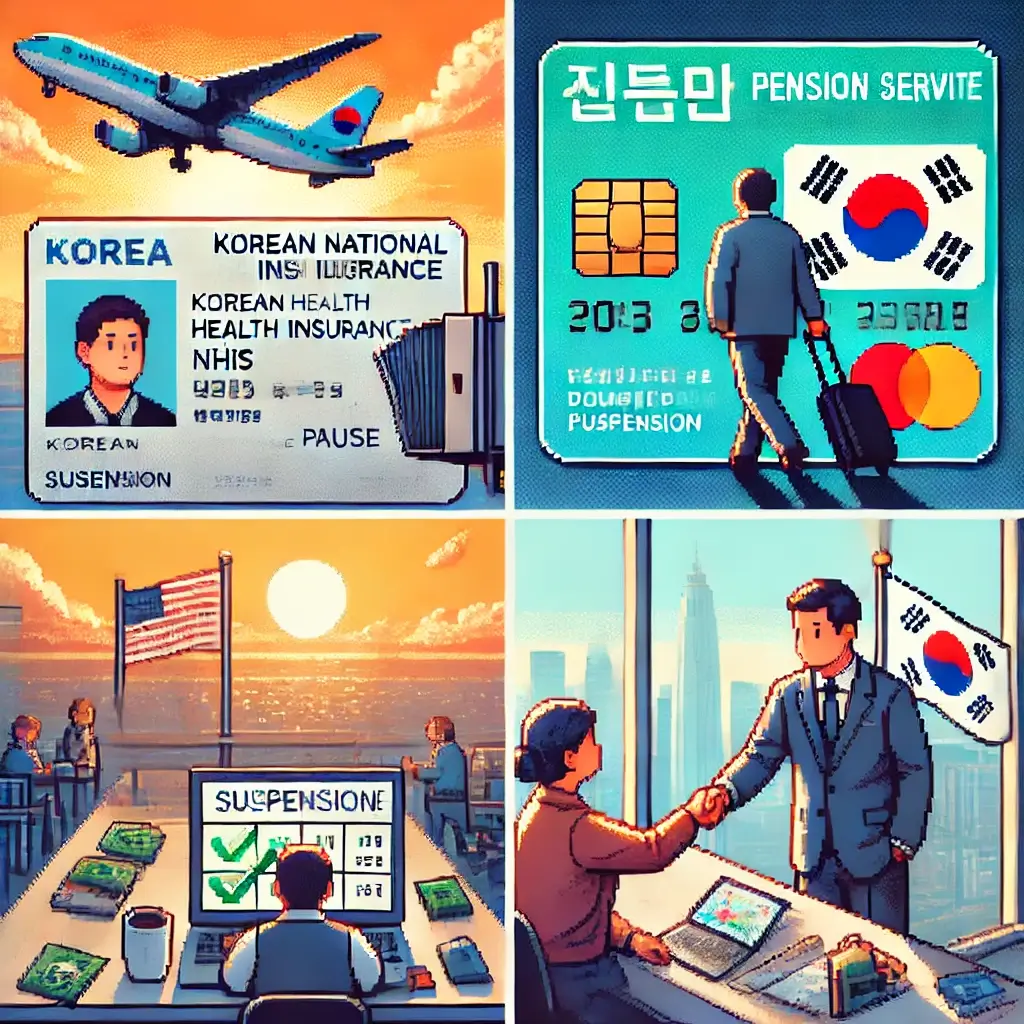 9가지 해외 체류 국민건강보험·국민연금 절감 필살기 (자격정지·임의가입·토탈라이제이션) 공항에서 손 흔드는 여행자와 국민건강보험 카드 옆 빨간 정지 아이콘을 담은 픽셀 아트 — 해외 체류 시 건보 자격정지를 상징.