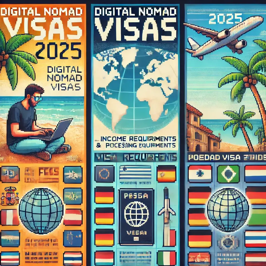노마드 비자, 이젠 골라 잡자! 수수료·소득·속도 싹 다 비교해봤다 (2025 업데이트) 1 2025년 디지털 노마드 비자 수수료·소득·속도를 비교하는 픽셀 아트 인포그래픽, 스페인·포르투갈·독일·태국 국기 포함.