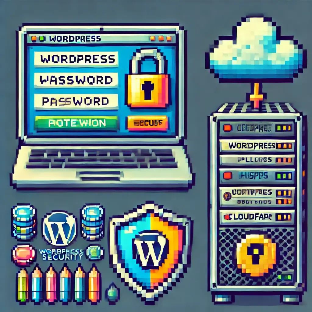 Pixel art of a WordPress login screen with a strong lock symbol, representing password security for WordPress websites. 강력한 자물쇠 아이콘이 있는 워드프레스 로그인 화면 픽셀 아트 – 워드프레스 보안과 비밀번호 안전성을 상징.