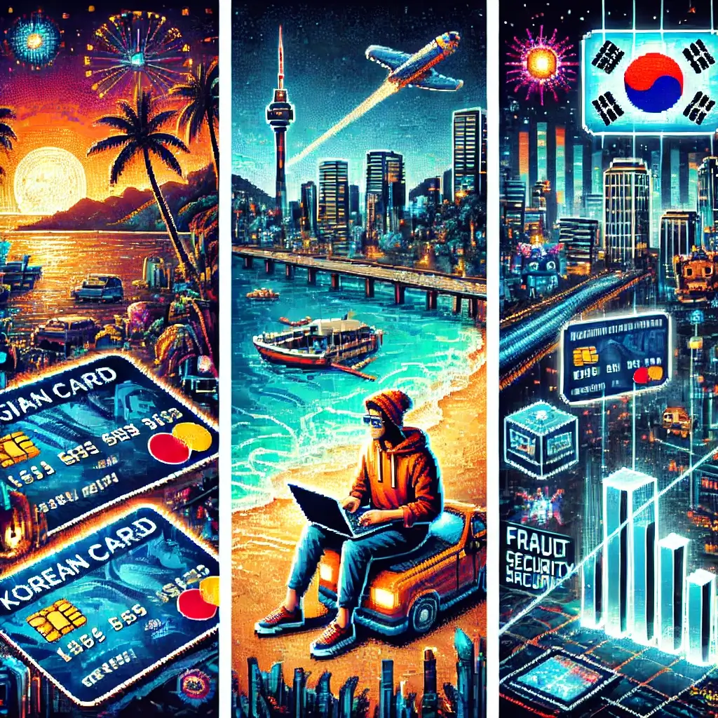 열대 해변에서 한국 신용카드, 신용 점수 사용률, 모바일 알림을 관리하는 디지털 노마드 픽셀아트 — 해외에서의 한국 신용관리 상징.