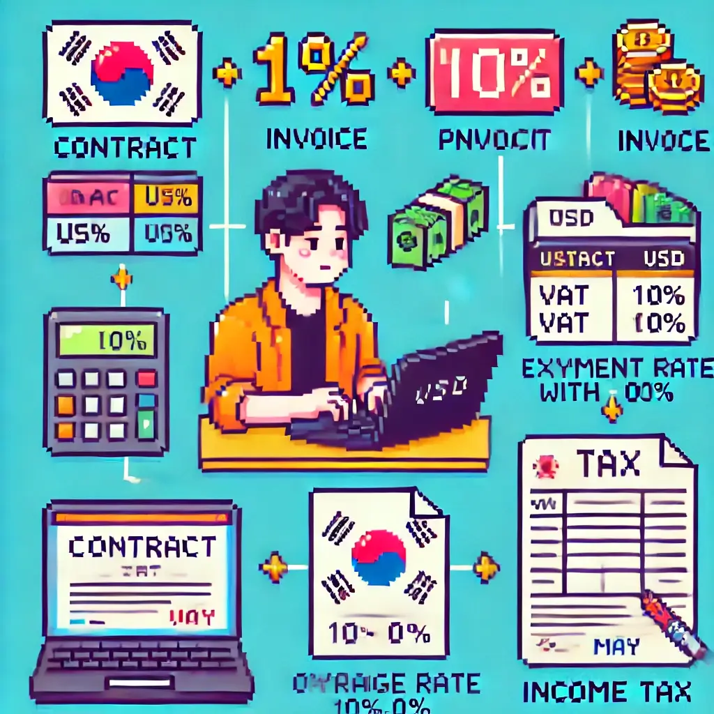 픽셀 아트로 표현된 한국인 디지털 노마드 프리랜서가 해외 인보이스를 발송하며, 부가세 10%와 0% 아이콘이 떠 있는 노마드 세금 신고 장면
