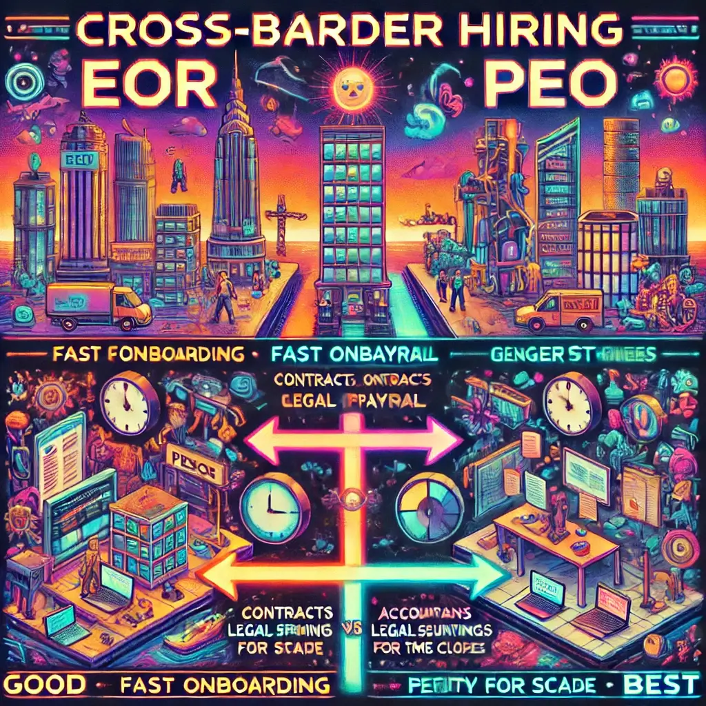 EOR PEO 비교를 표현한 픽셀 아트 – 빠른 EOR 글로벌 채용 파이프라인, 계약·급여·14일 내 온보딩, 네온 사이버펑크 도시 배경.