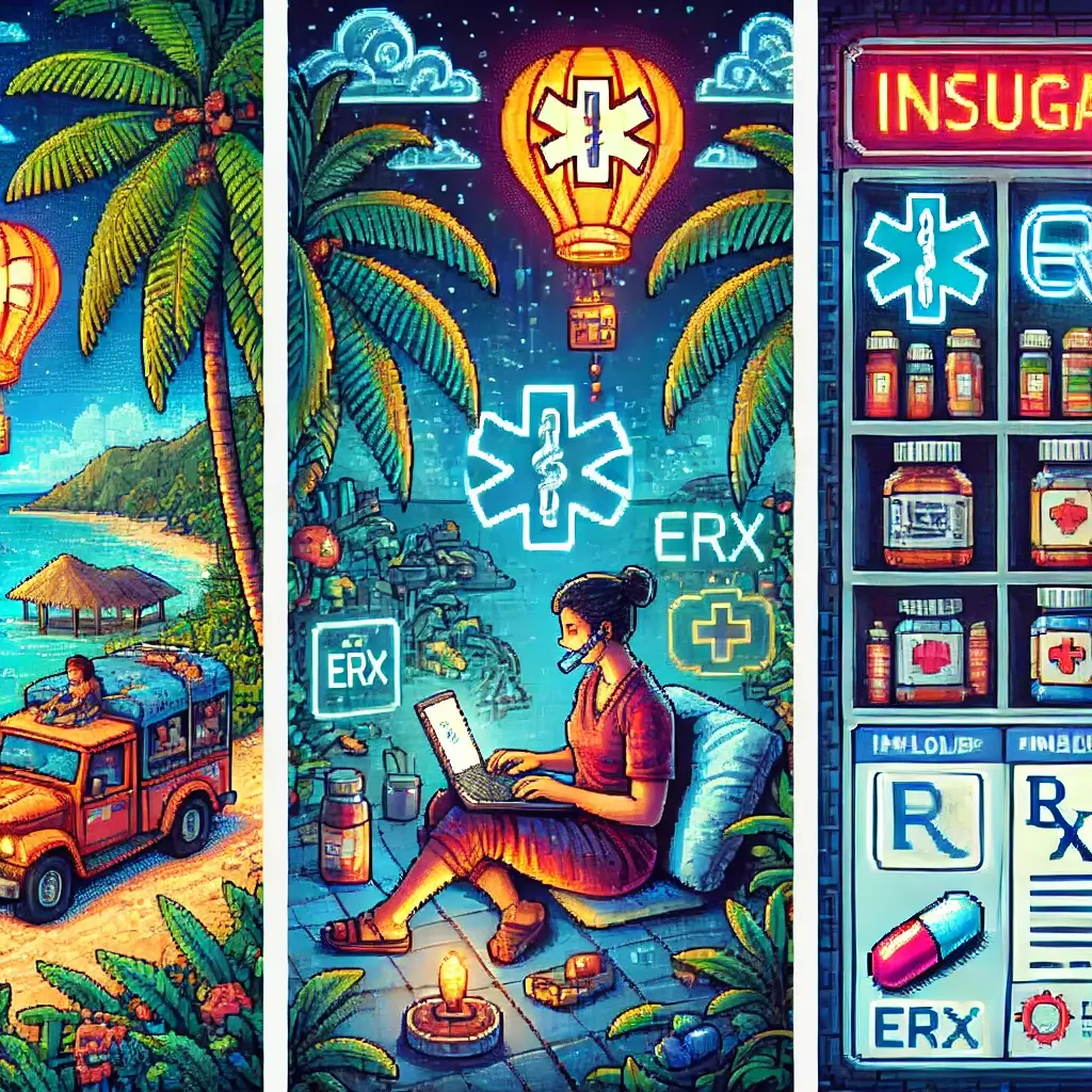 발리에서 노트북으로 원격의료 앱을 사용하는 디지털 노마드 픽셀 아트, 전자처방전과 글로벌 보험 청구 시스템을 표현. 키워드: 원격의료, 텔레헬스, 전자처방전, 디지털 약국, 보험 청구.