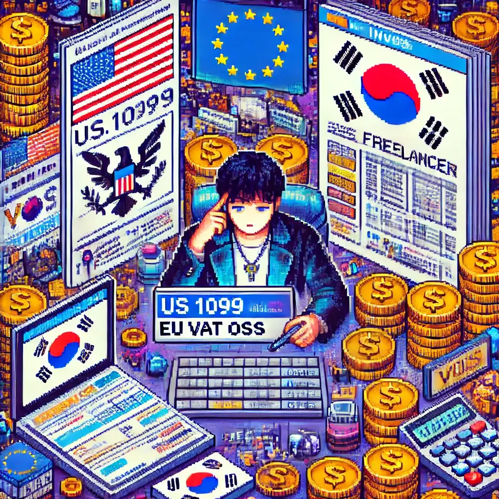 한국 프리랜서가 미국 1099, EU VAT OSS, VIES 확인을 동시에 처리하는 픽셀 아트 장면. IRS, EU, 원화 아이콘 포함.