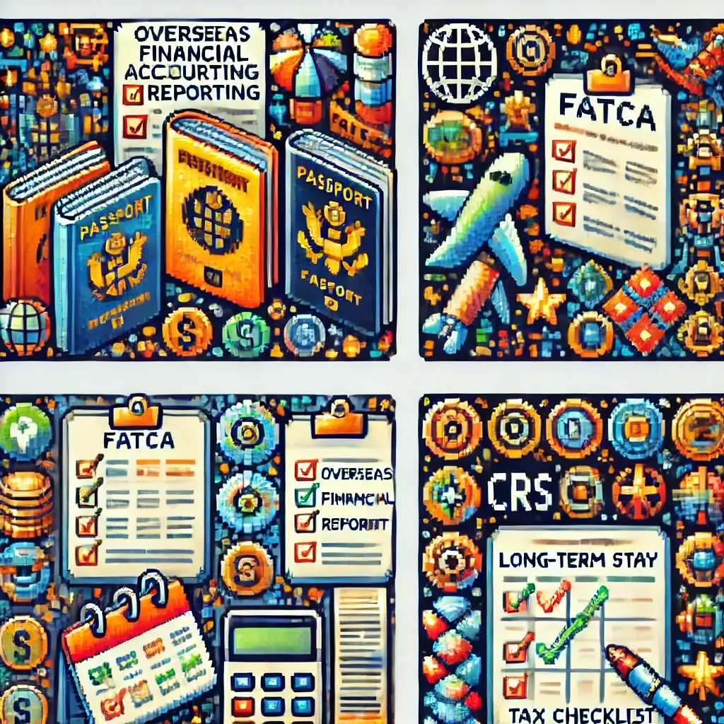 해외금융계좌신고 픽셀 아트 — 여권, 은행 계좌, 세무 체크리스트, CRS·FATCA 서류가 화려한 색감의 픽셀 아트로 표현된 장면.
