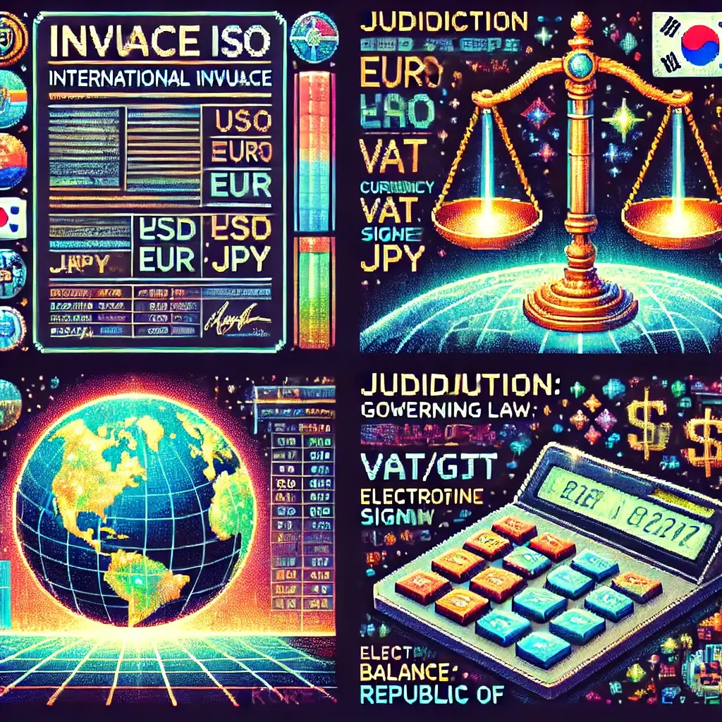 ISO 통화코드(USD, EUR, JPY), VAT/GST 라벨, 전자서명이 있는 해외 인보이스가 지구 위에 떠 있는 화려한 픽셀아트 — 한국 사업자용 해외 인보이스 표준을 상징.