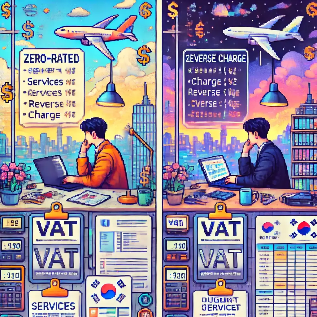 영세율 역외과세. 해외 B2B 부가세와 영세율 거래를 주제로 한 디지털 노마드 프리랜서의 작업 공간 픽셀아트 — 유로, 달러, 원화 기호와 인보이스가 있는 책상, 국제 도시 배경.