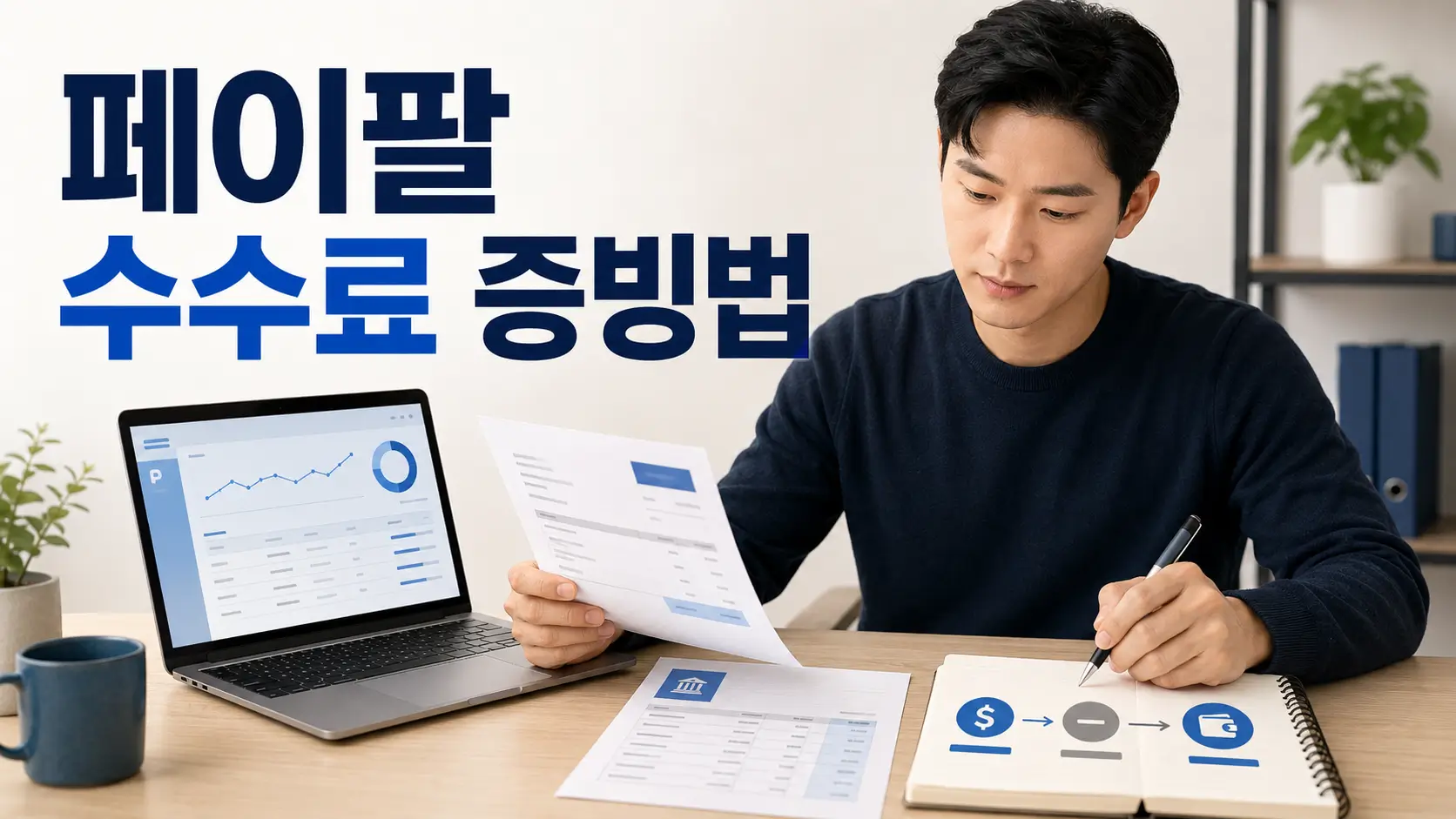 한국인 프리랜서가 페이팔 거래내역과 인보이스, 은행 입금 자료를 확인하며 수수료 증빙을 정리하는 모습