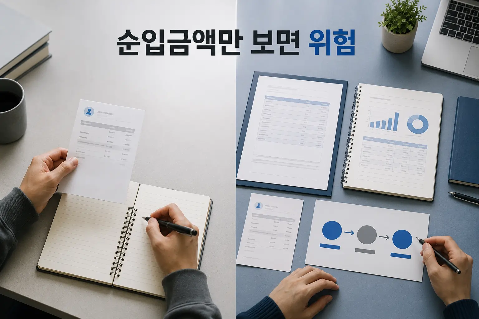 순입금액만 기록하는 방식과 인보이스·거래내역·수수료를 함께 연결해 관리하는 방식을 비교한 페이팔 수수료 증빙 장면
