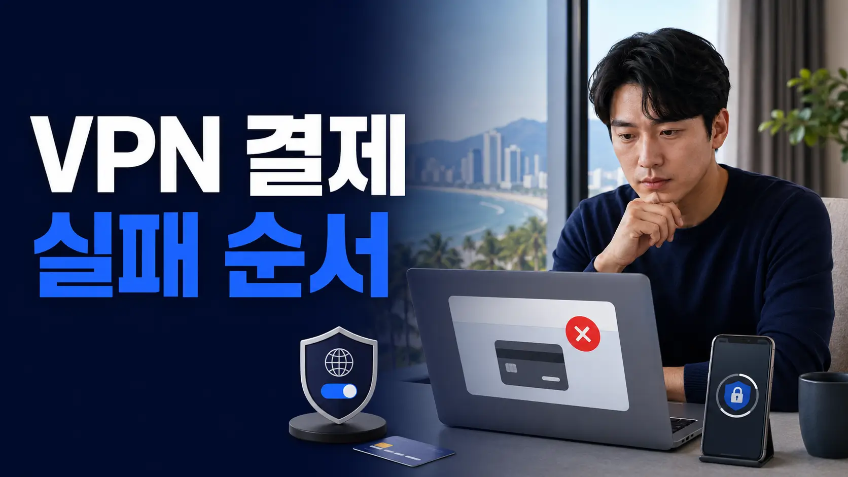다낭에서 VPN 사용 중 해외 온라인 결제가 실패해 노트북과 카드 인증 상태를 확인하는 한국인 개발자
