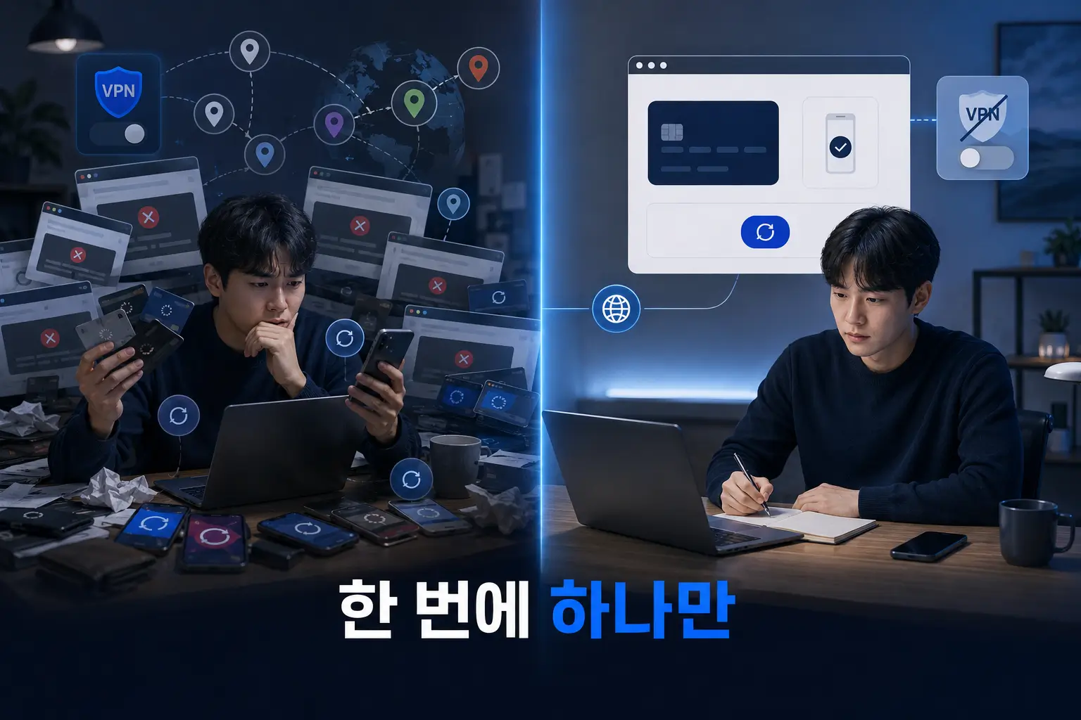 VPN 국가와 카드를 계속 바꾸는 반복 결제와 한 가지 변수씩 확인하는 올바른 결제 문제 해결 방식을 비교한 장면