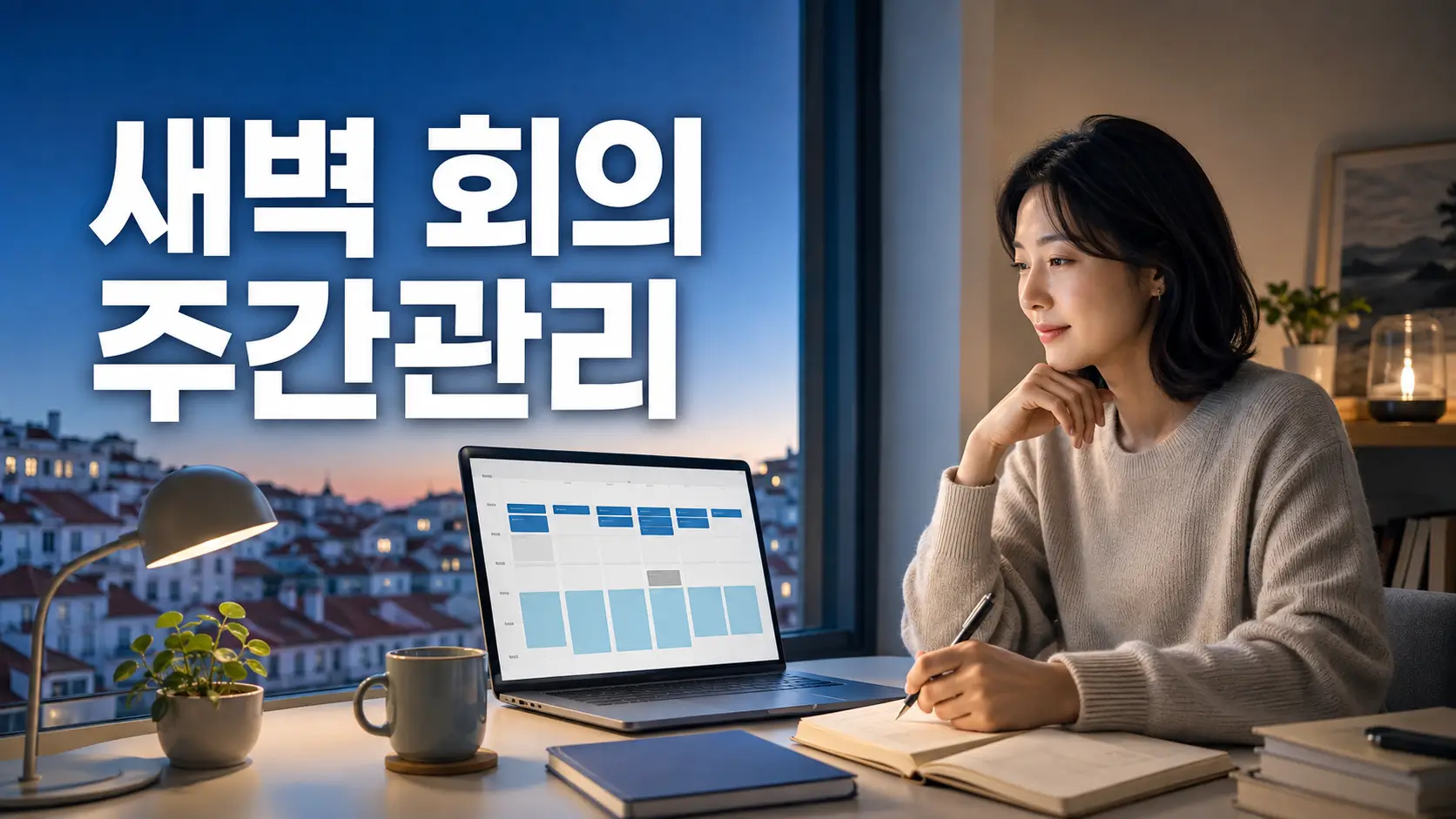 리스본에서 해외 새벽 회의를 관리하며 주간 캘린더와 집필 일정을 확인하는 한국인 작가