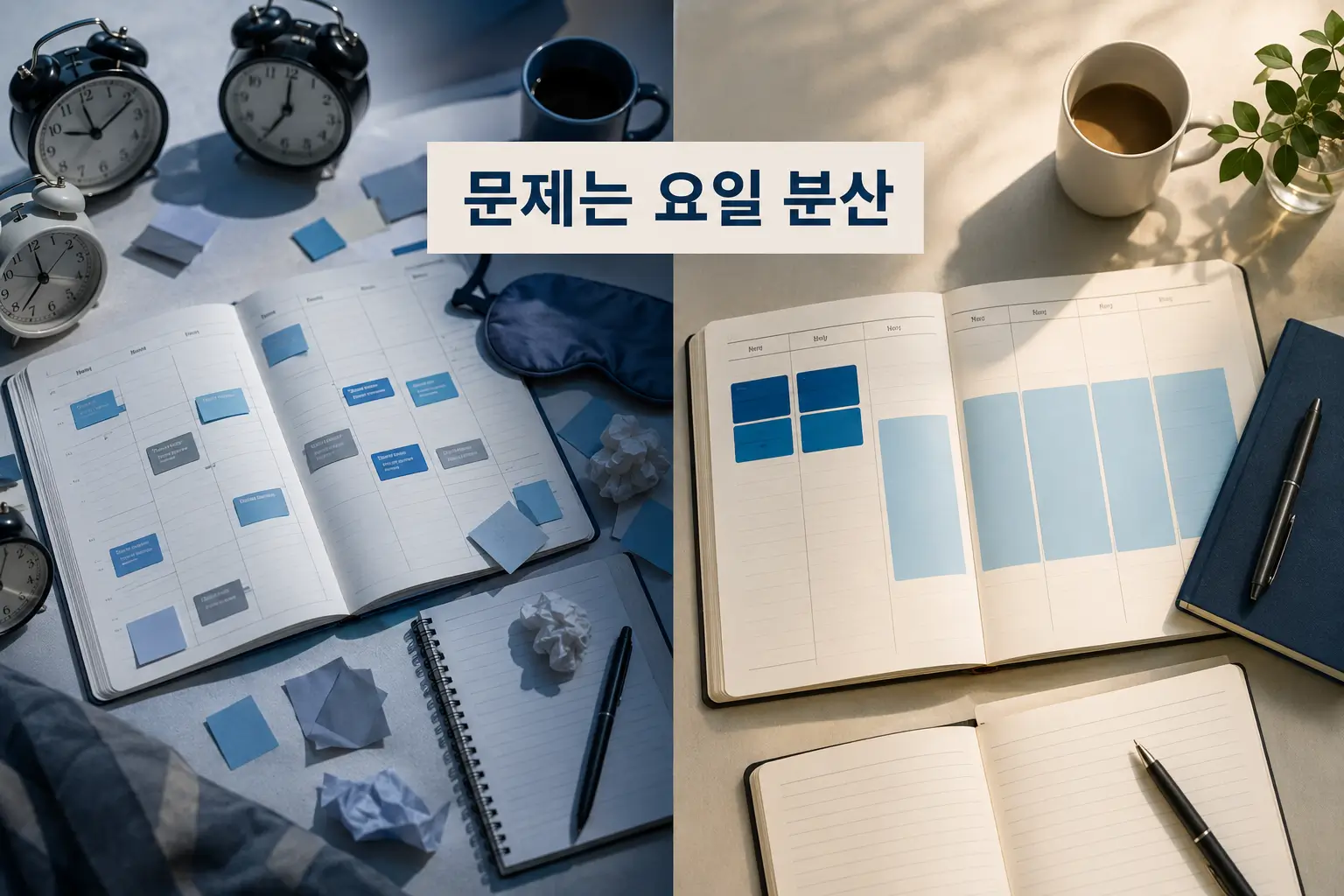여러 요일에 흩어진 새벽 회의 일정과 특정 요일에 회의를 묶어 집필 시간을 보호한 주간 일정 비교