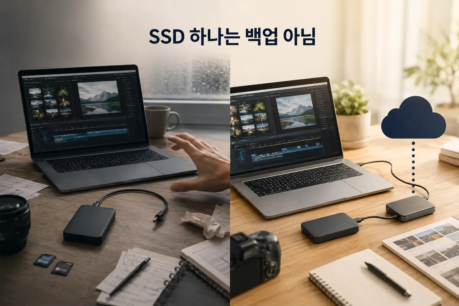 외장 SSD 한 개에만 원본을 보관하는 방식과 별도 드라이브·클라우드에 복제본을 두는 백업 방식 비교
