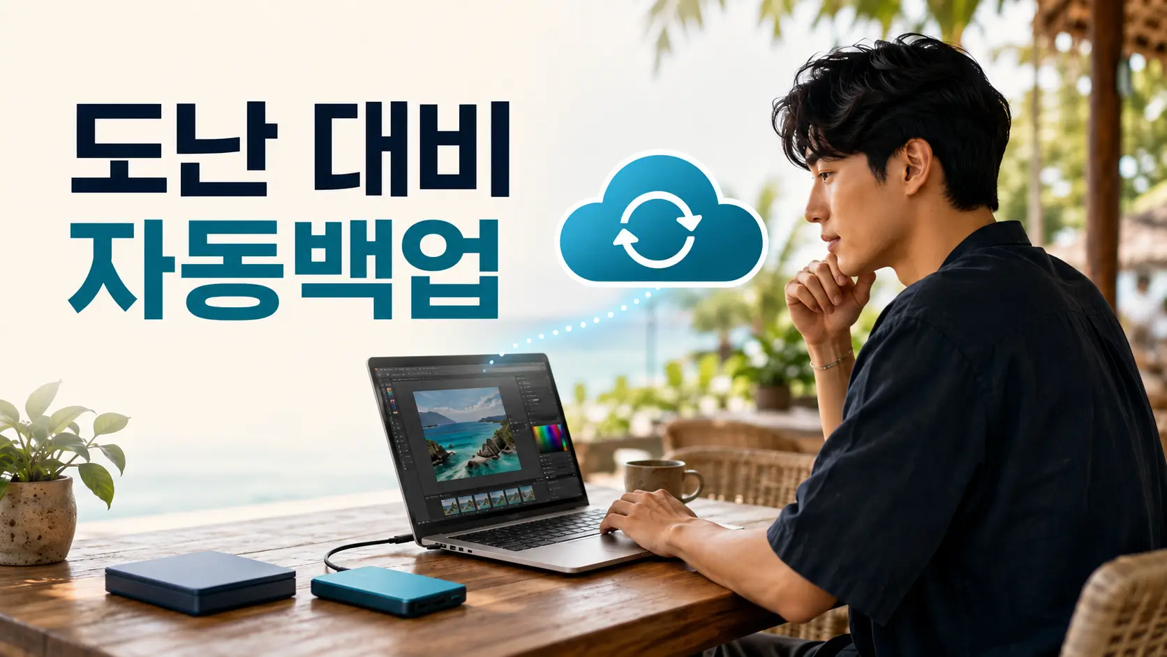 발리 프리랜서 디자이너 노트북 도난 대비클라우드 자동백업 세팅법 2 발리 카페에서 작업하는 프리랜서 디자이너가 노트북 작업 파일을 클라우드와 외장 SSD에 자동백업하는 모습