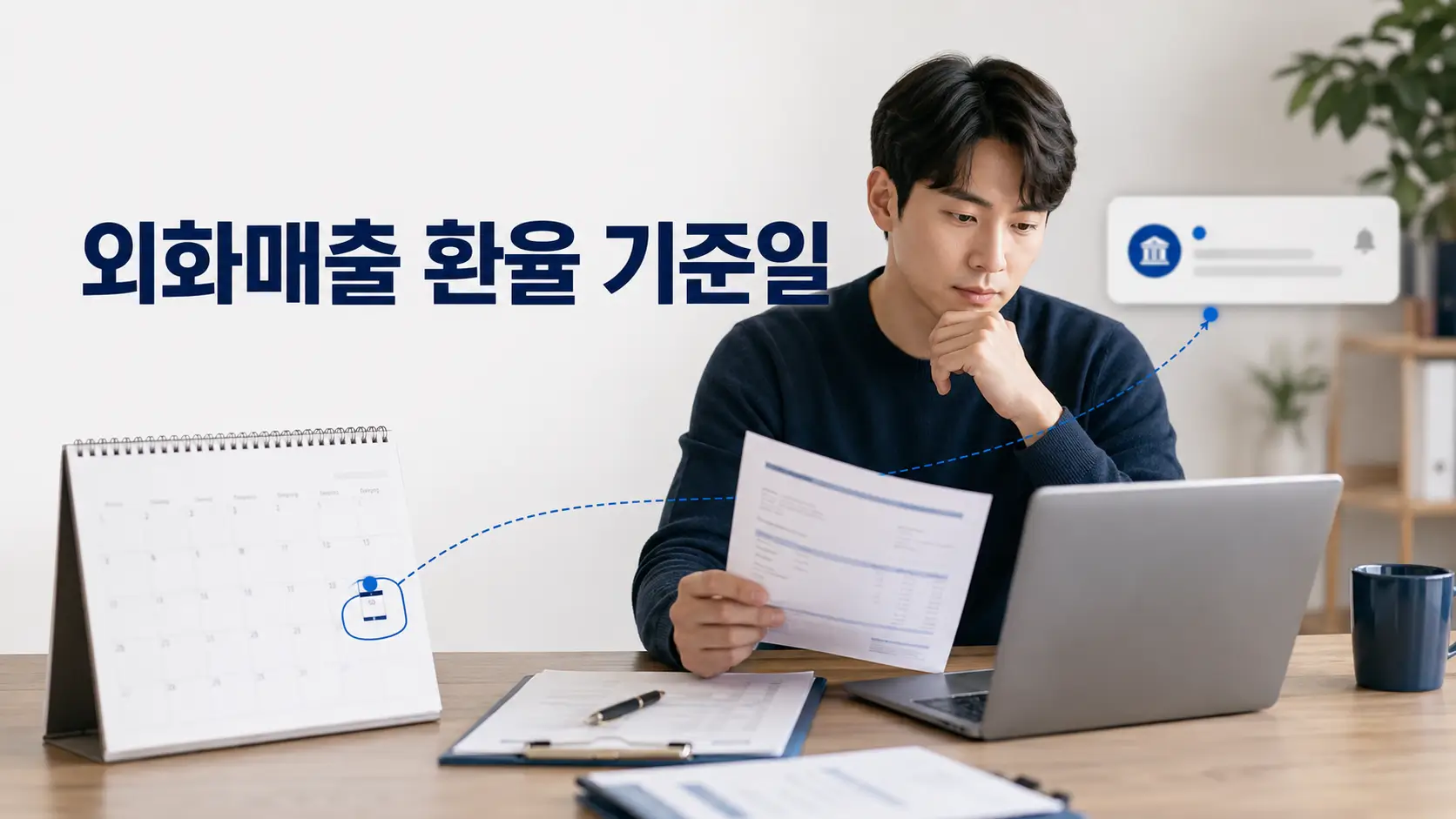 해외 외화 매출의 종합소득세 환율 기준일을 확인하기 위해 계약서와 인보이스, 달력, 실제 입금 시점을 비교하는 프리랜서.
