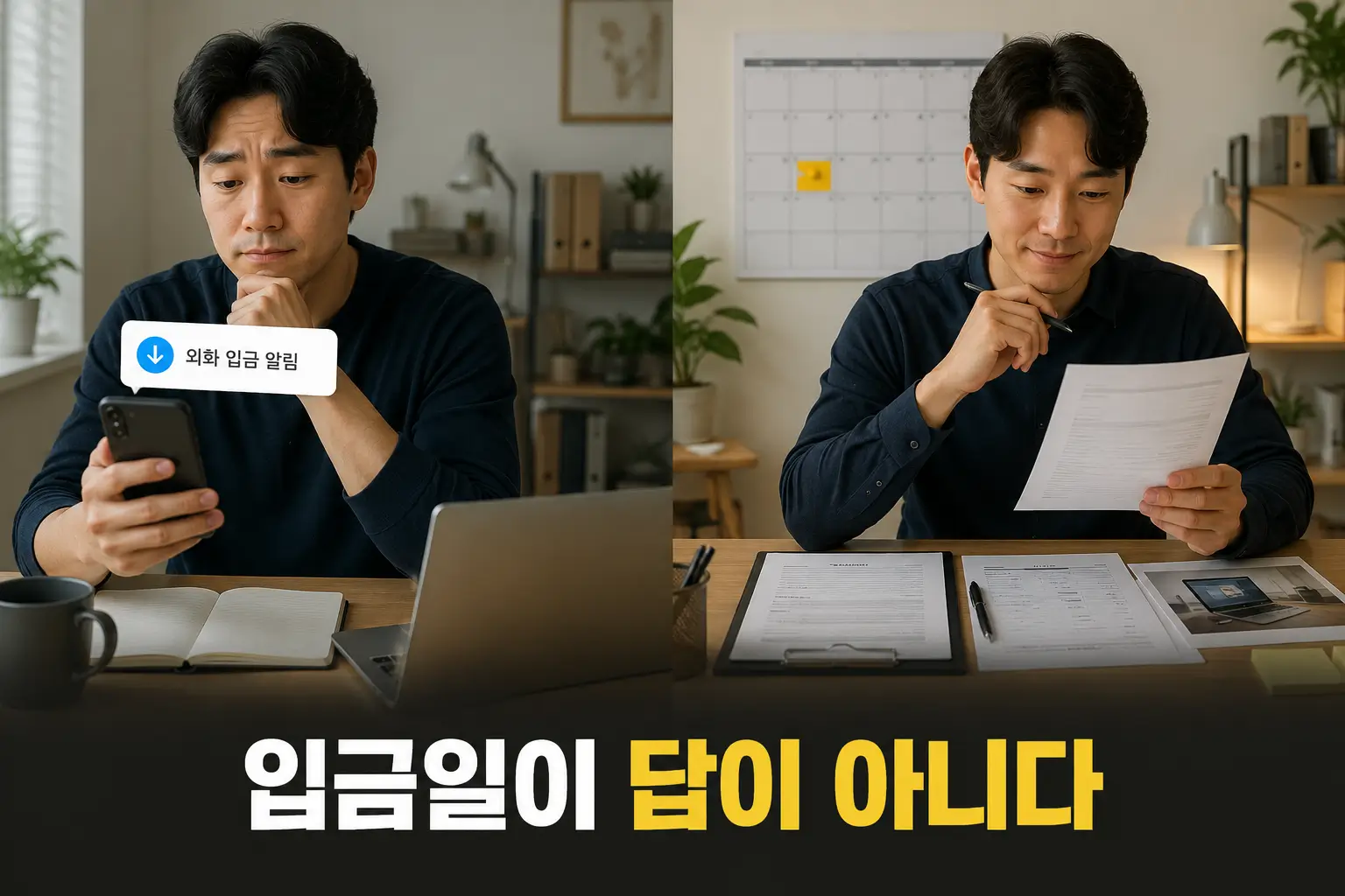해외에서 받은 외화 매출, 종합소득세 환율은 어느 날짜 기준일까 3 외화 입금 알림만 보고 환율 기준일을 판단하는 경우와 계약상 지급일·용역 완료일을 함께 확인하는 올바른 판단 방식을 비교한 장면.