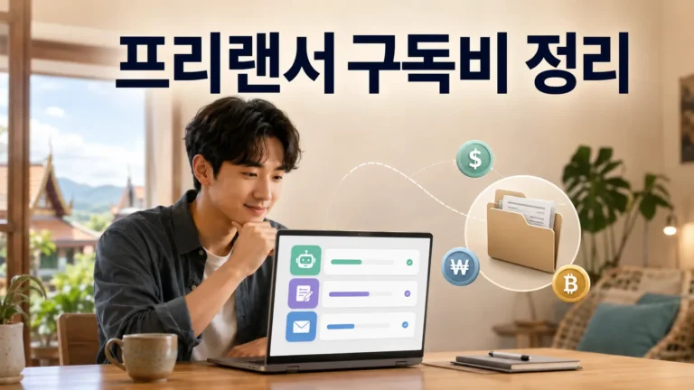치앙마이에서 한국인 프리랜서가 노트북으로 AI·업무용 소프트웨어 구독비와 달러·원화·바트 결제 내역을 정리하는 모습