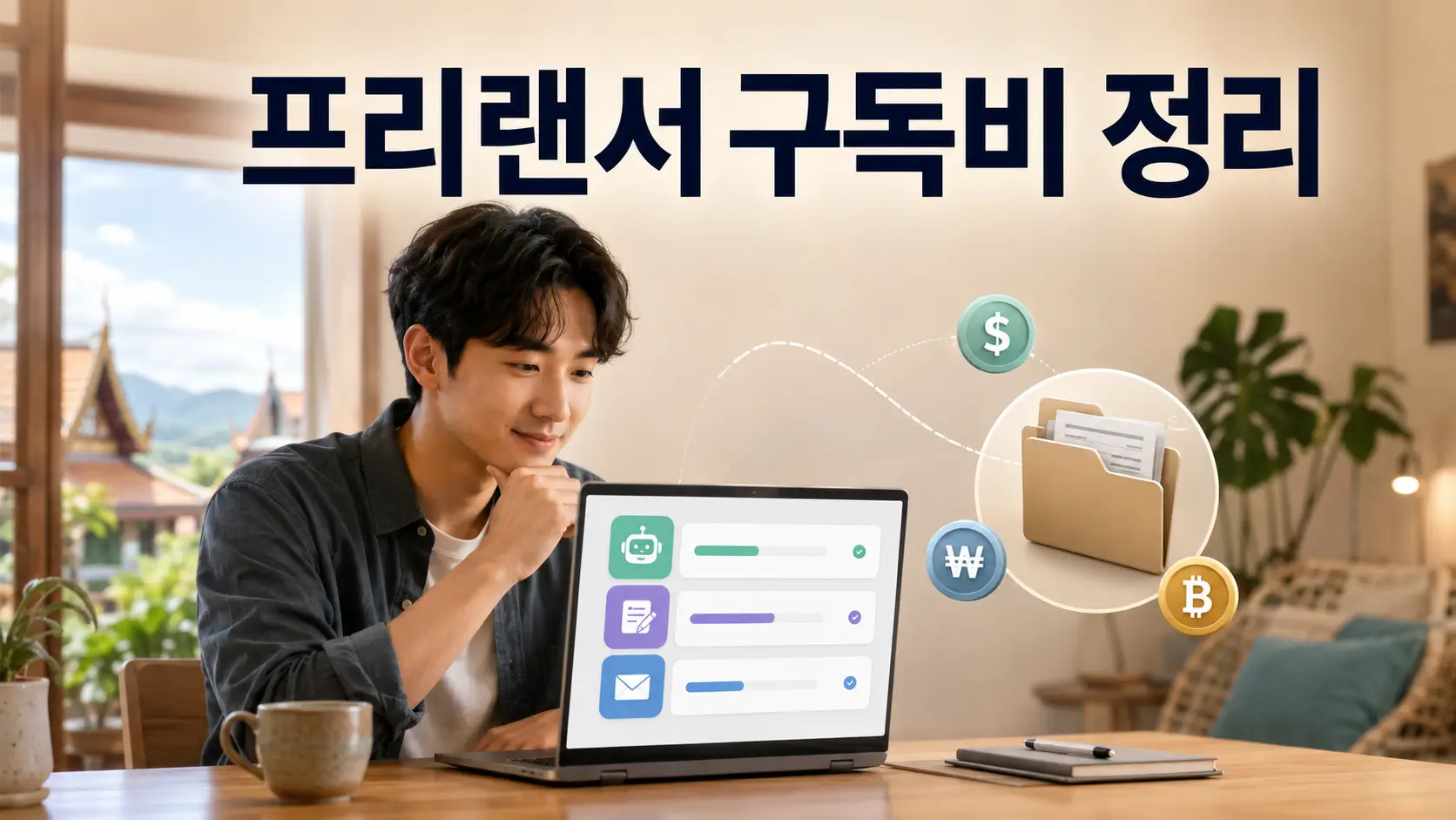 치앙마이에서 한국인 프리랜서가 노트북으로 AI·업무용 소프트웨어 구독비와 달러·원화·바트 결제 내역을 정리하는 모습