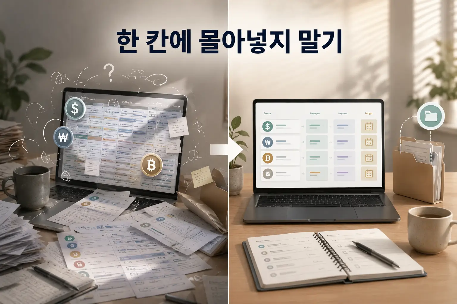 치앙마이 AI 활용 프리랜서 구독비 정리법 : ChatGPT·Notion·Google Workspace 비용이 새지 않게 3 달러·원화·바트 구독비를 한 칸에 섞어 기록한 복잡한 장부와 결제액·갱신일·인보이스를 분리한 장부를 비교한 모습