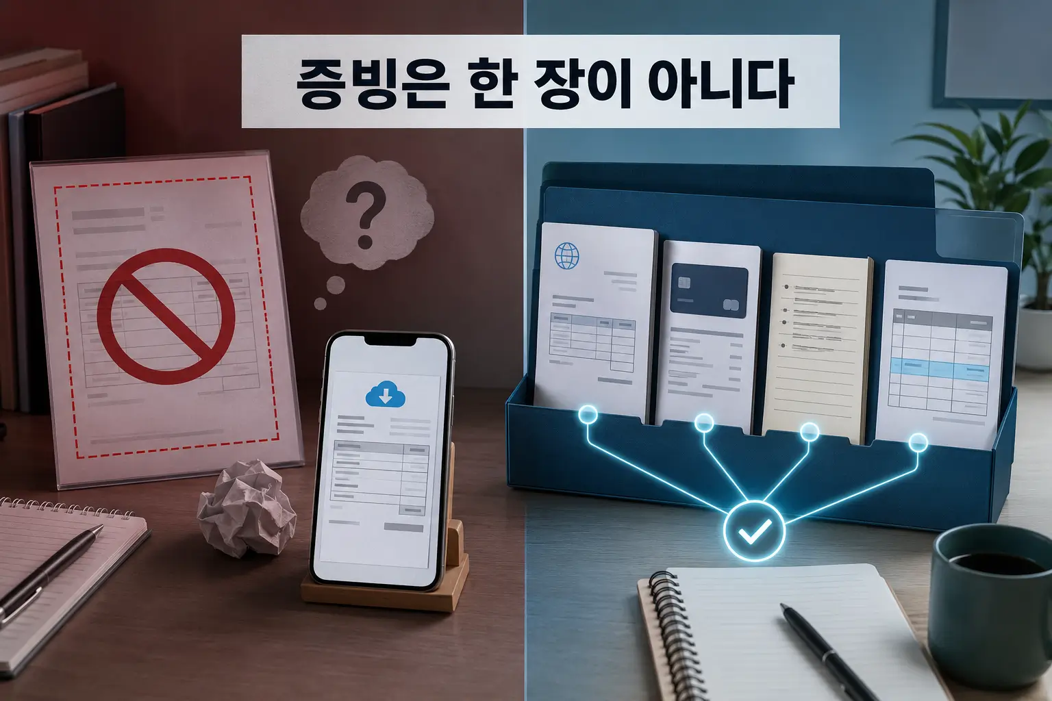 프리랜서 해외 SaaS 구독료 필요경비 처리 방법: 영수증·카드·환율까지 3 해외 SaaS 비용 증빙은 세금계산서 한 장이 아니라 인보이스, 결제내역, 업무 목적 기록 등을 함께 보관해야 함을 보여주는 비교 이미지