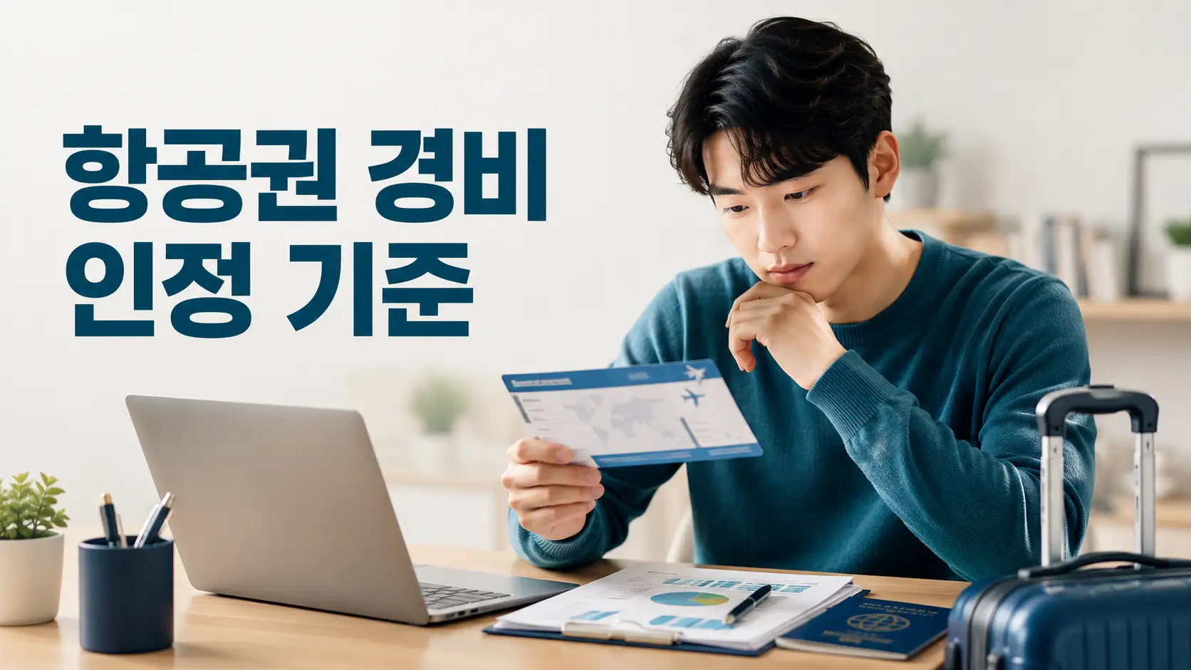 프리랜서가 해외 항공권과 업무 서류를 확인하며 종합소득세 경비 인정 여부를 검토하는 모습