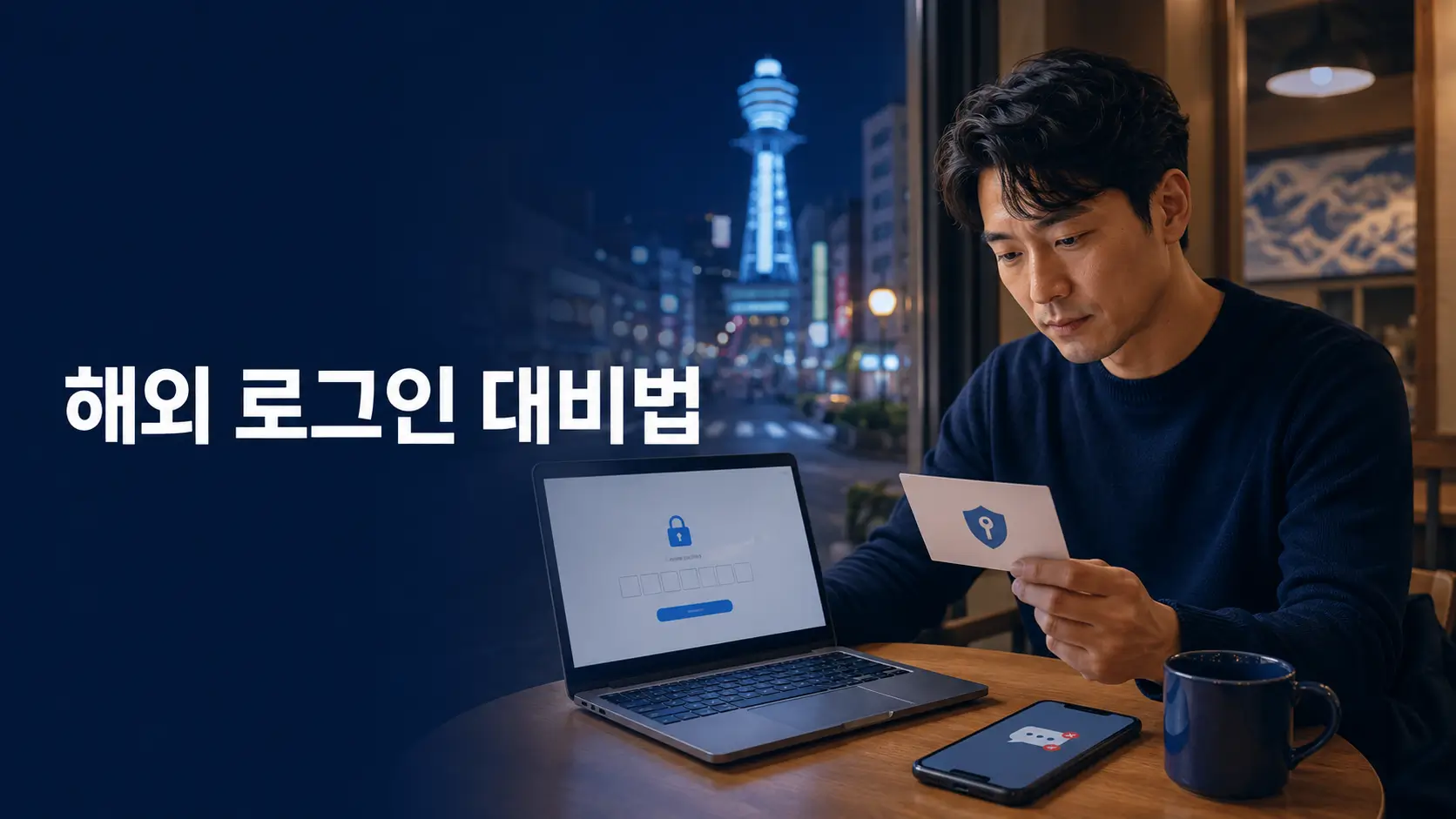 오사카 카페에서 한국인 마케터가 인증 문자가 오지 않는 로그인 화면과 비상 로그인 수단을 확인하는 모습.