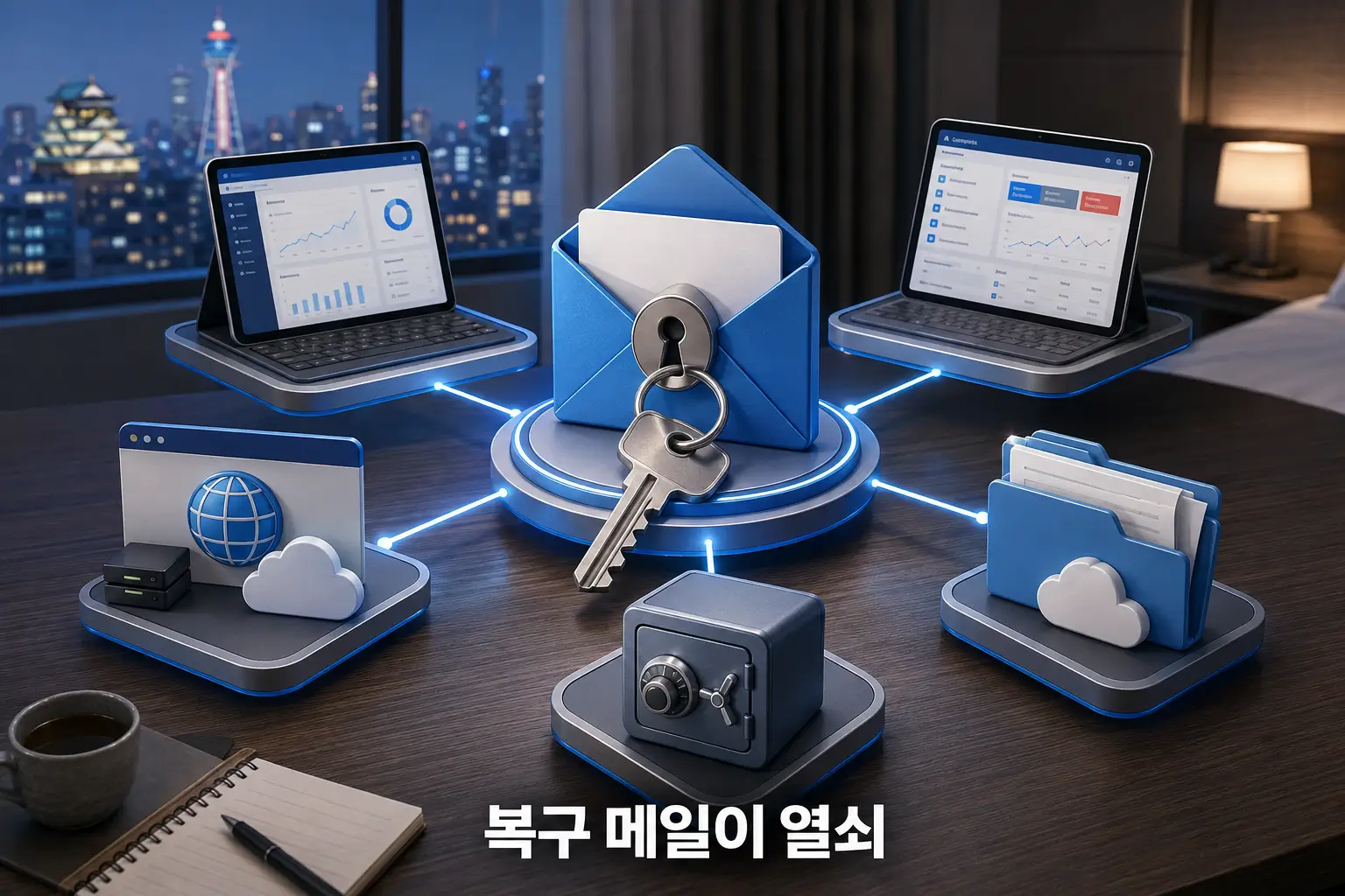 해외 체류 중 본인인증 막힐 때 : 오사카 마케터의 대체 로그인 준비법 3 복구 이메일을 중심으로 광고 계정, 분석 도구, 클라우드 저장소와 비밀번호 관리 계정이 연결된 로그인 복구 구조.