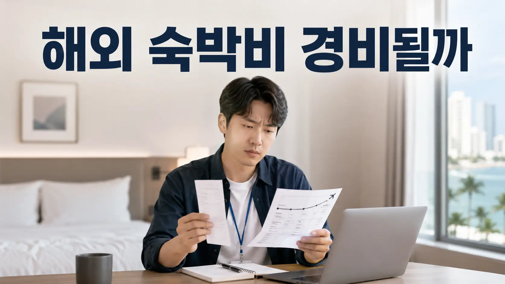 해외 숙소에서 호텔 영수증과 업무 일정을 확인하며 숙박비 경비처리 여부를 검토하는 디지털 노마드
