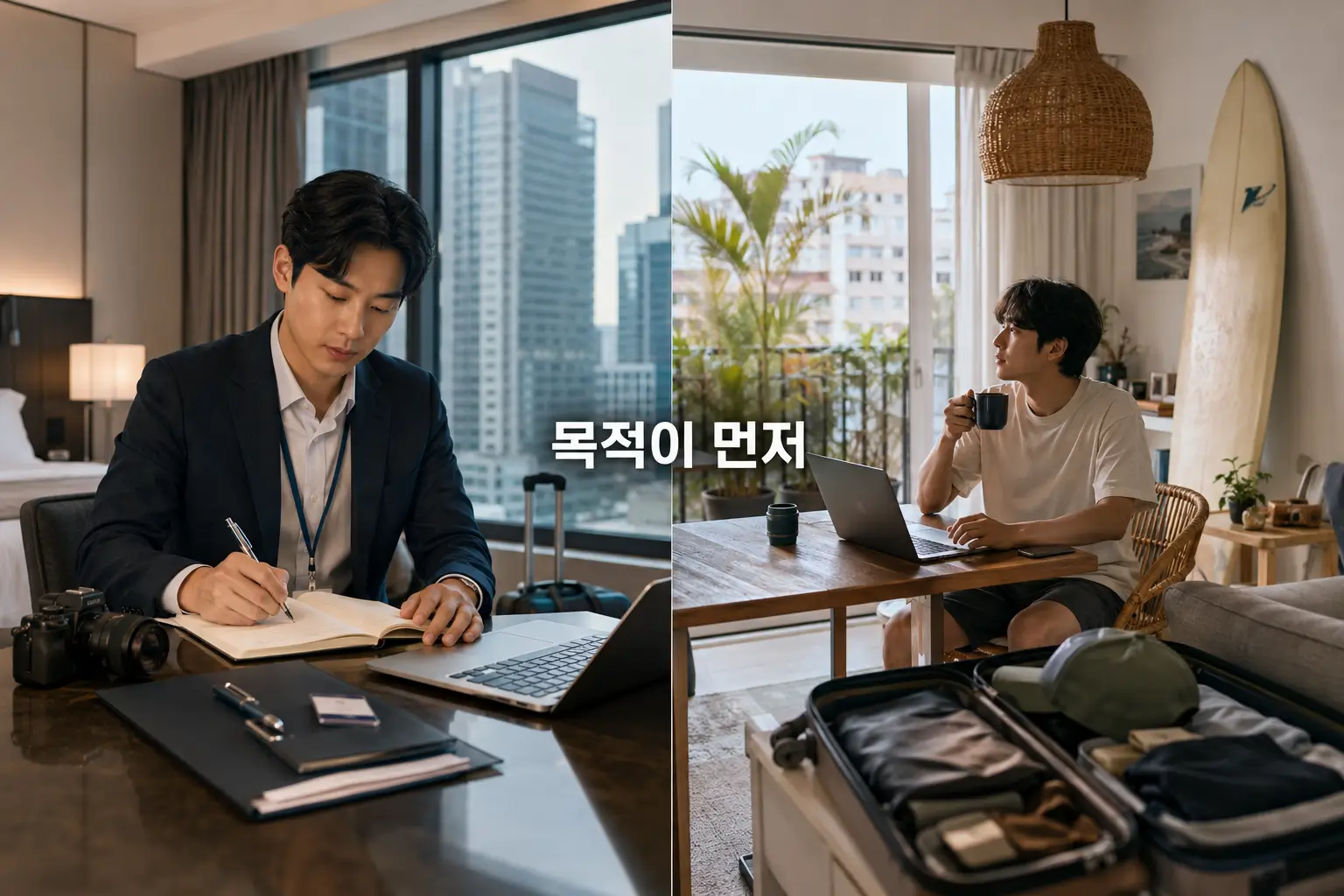 업무 목적의 해외 출장과 여행 중 원격근무를 대비해 해외 숙박비 필요경비 판단 차이를 보여주는 장면