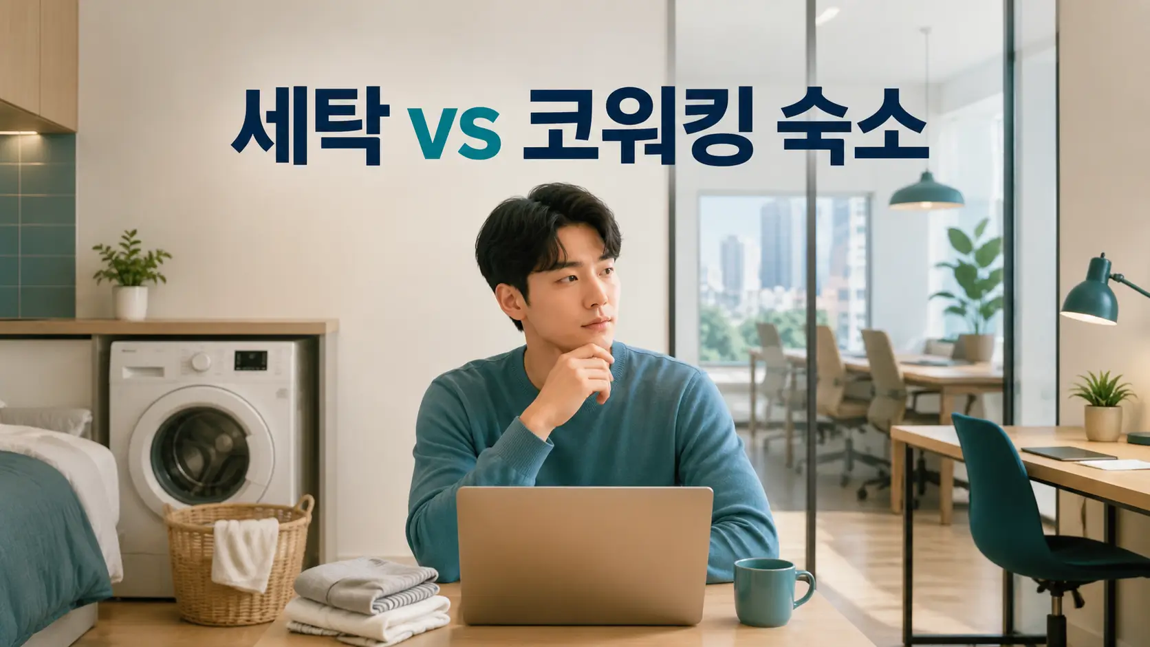 베트남 호치민 디지털 노마드 숙소 비교 : 세탁 가능한 숙소 vs 코워킹 포함 숙소 2 호치민 디지털 노마드가 세탁기 있는 숙소와 코워킹 공간이 포함된 숙소 사이에서 선택을 고민하는 모습