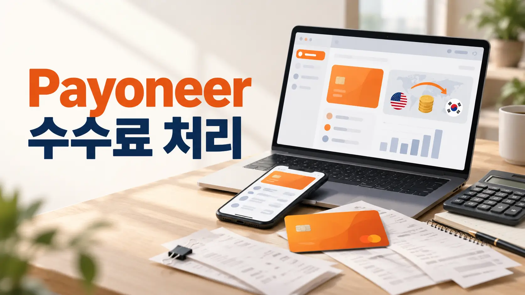 Payoneer 수수료 처리와 해외대금 환전·사업경비 관리를 보여주는 노트북과 결제 자료