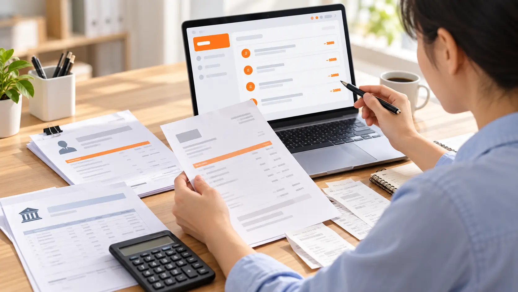 Payoneer 수수료와 환전비용 필요경비 처리 방법: 지급수수료·환차손 구분하기 3 Payoneer 거래내역과 인보이스, 은행 입금내역을 대조하며 수수료 증빙을 확인하는 모습