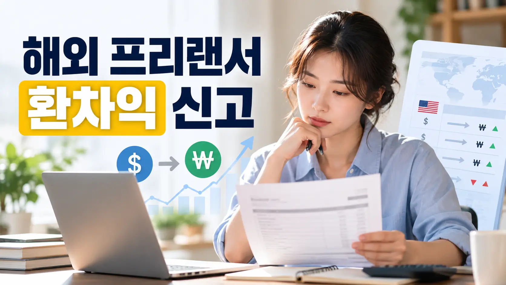 해외 프리랜서가 달러 매출 서류를 확인하며 원화 환산과 환차익 신고를 검토하는 모습