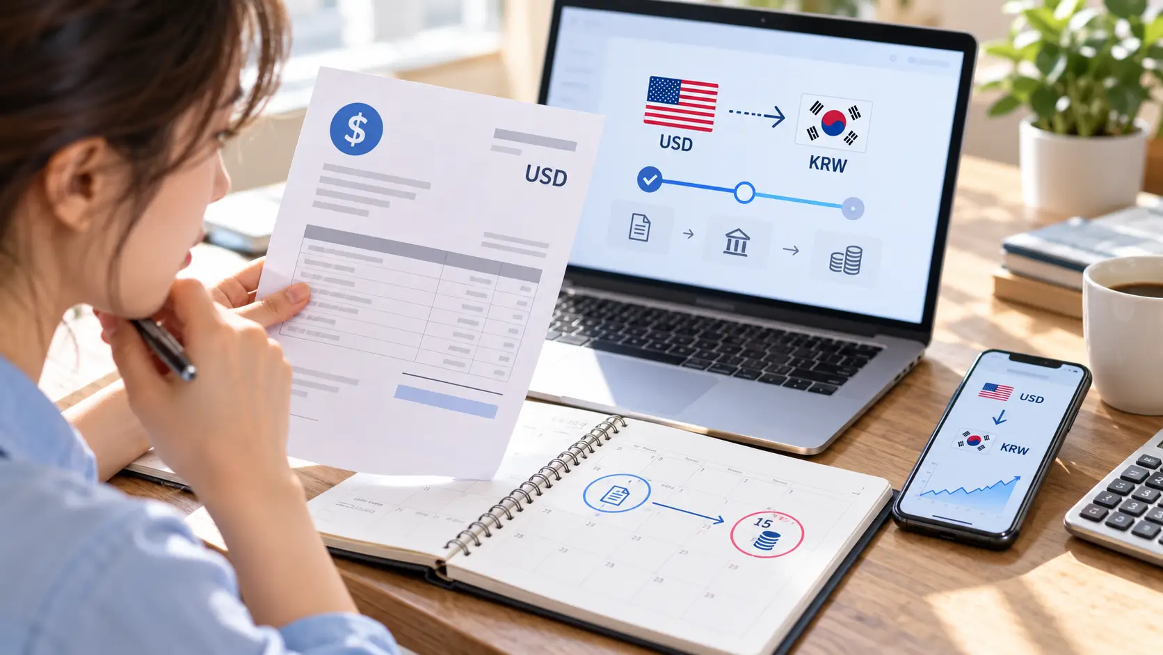 해외 프리랜서가 달러 인보이스와 입금일을 비교하며 USD 원화 환산 시점과 환율 차이를 확인하는 모습