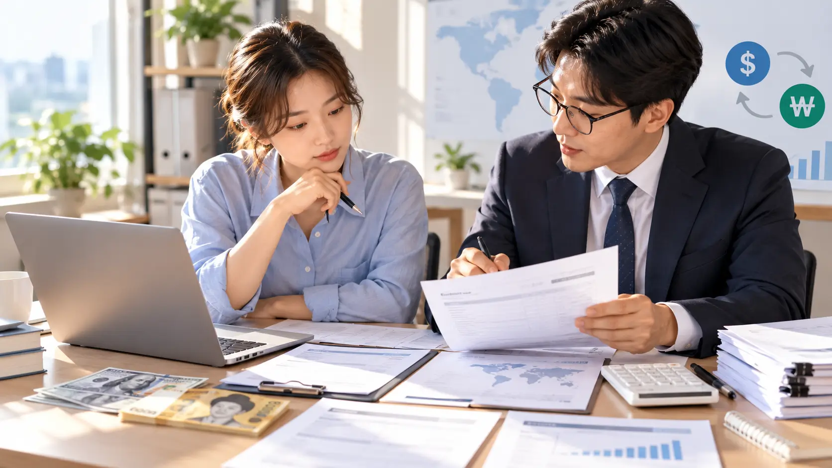 해외 프리랜서가 세무 전문가와 외화 매출 인보이스와 입금내역 등 환차익 신고 증빙자료를 검토하는 모습