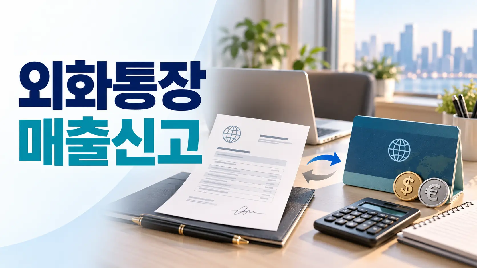 해외 프리랜서 외화통장 입금액 매출 신고 기준: 입금액이 그대로 매출일까? 2 외화통장 매출신고를 설명하는 인보이스, 외화계좌, 달러·유로 통화와 계산기