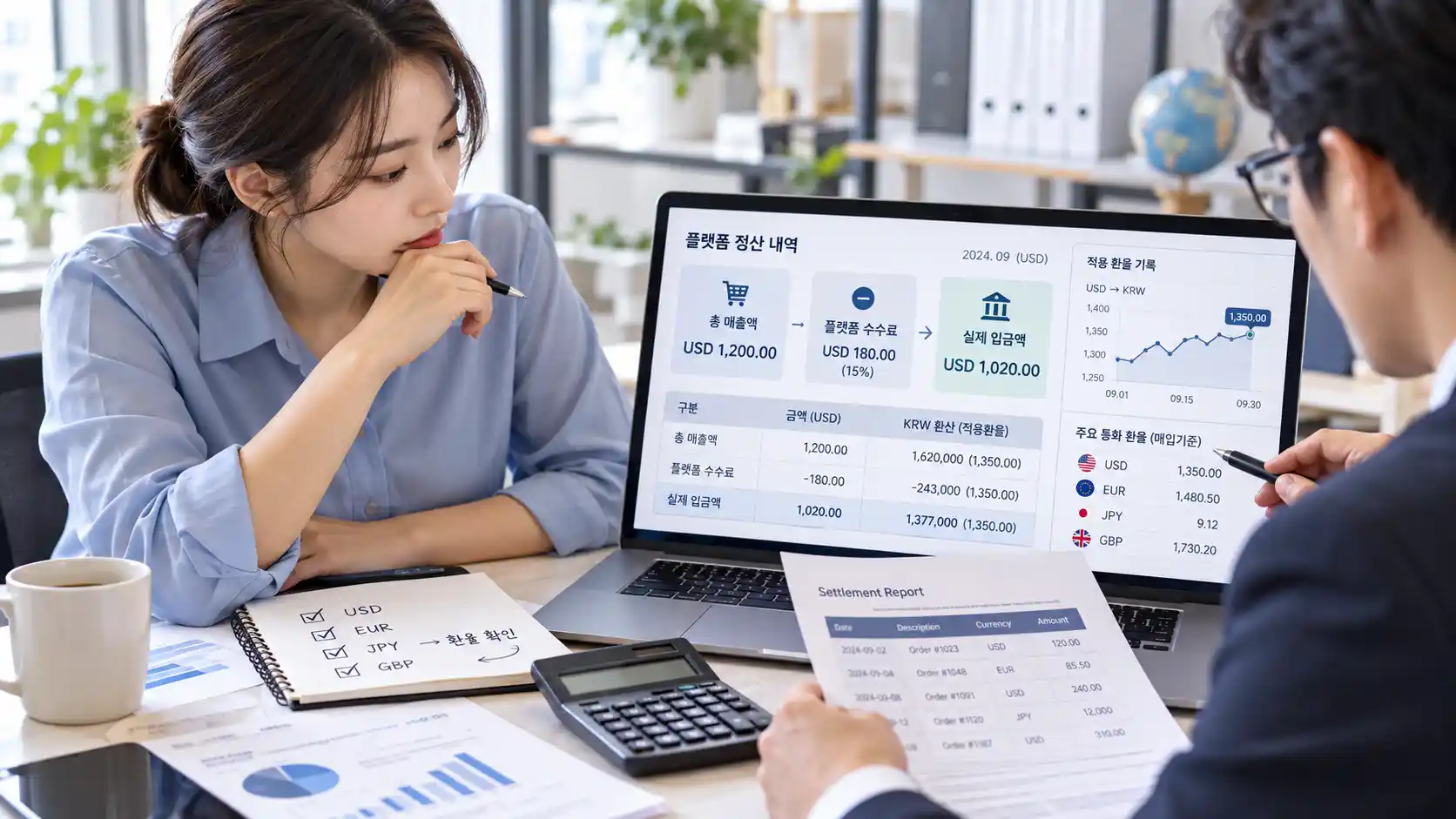 해외 플랫폼 수수료 세금계산서 없어도 경비처리할 수 있을까? 증빙 정리법 4 해외 플랫폼 총매출과 수수료, 실제 입금액 및 환율을 확인하며 정산 내역을 검토하는 모습